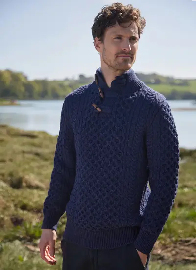 Muesling Free Merino Wool Dark Blue Aran Sweater Super Soft